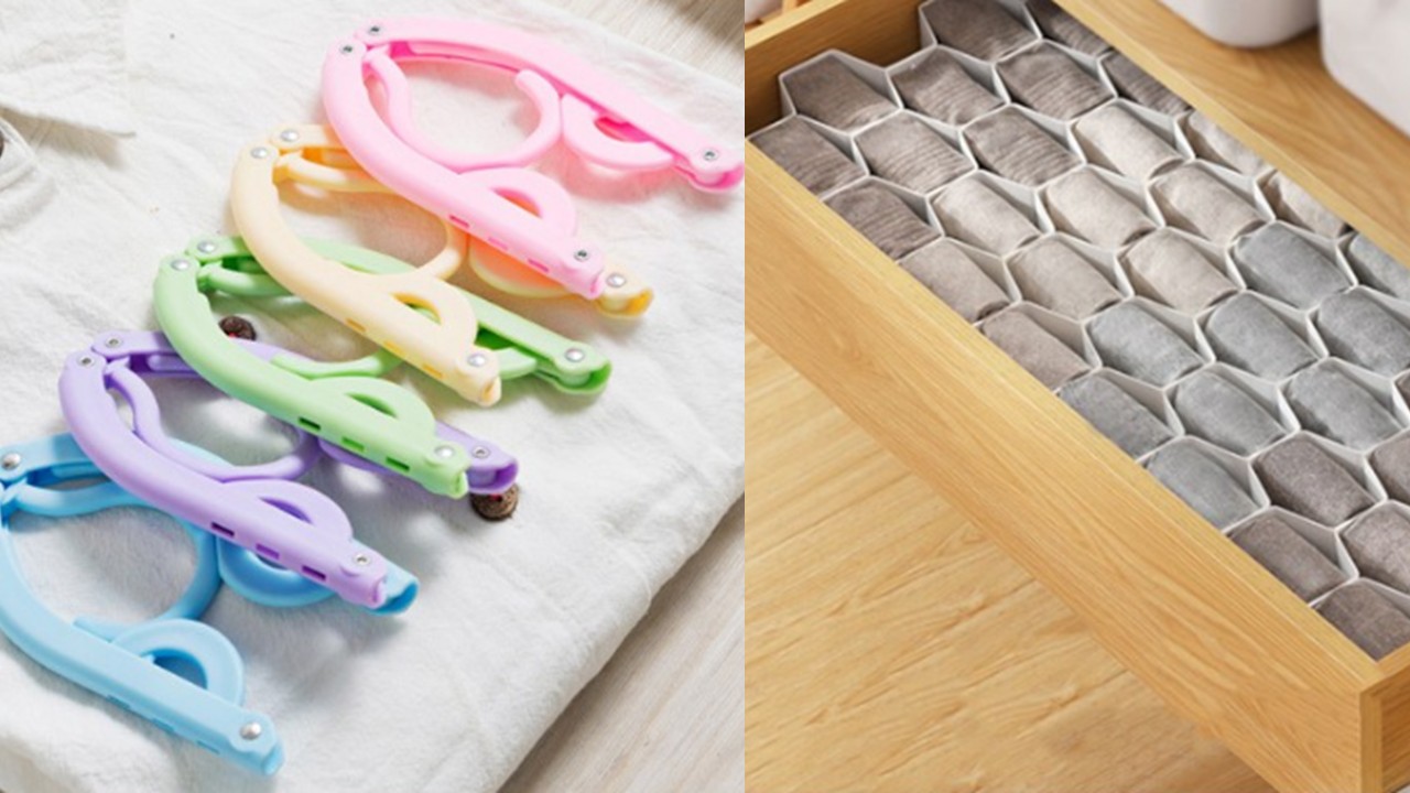 1377 접이식 옷걸이 & 속옷 양말 벌집 수납 서랍 칸막이