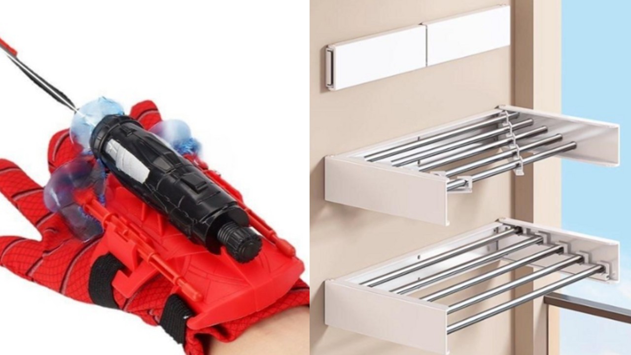 1380 스파이더맨 거미줄 발사기 & 슬림 벽부착 접이식 빨래 건조대