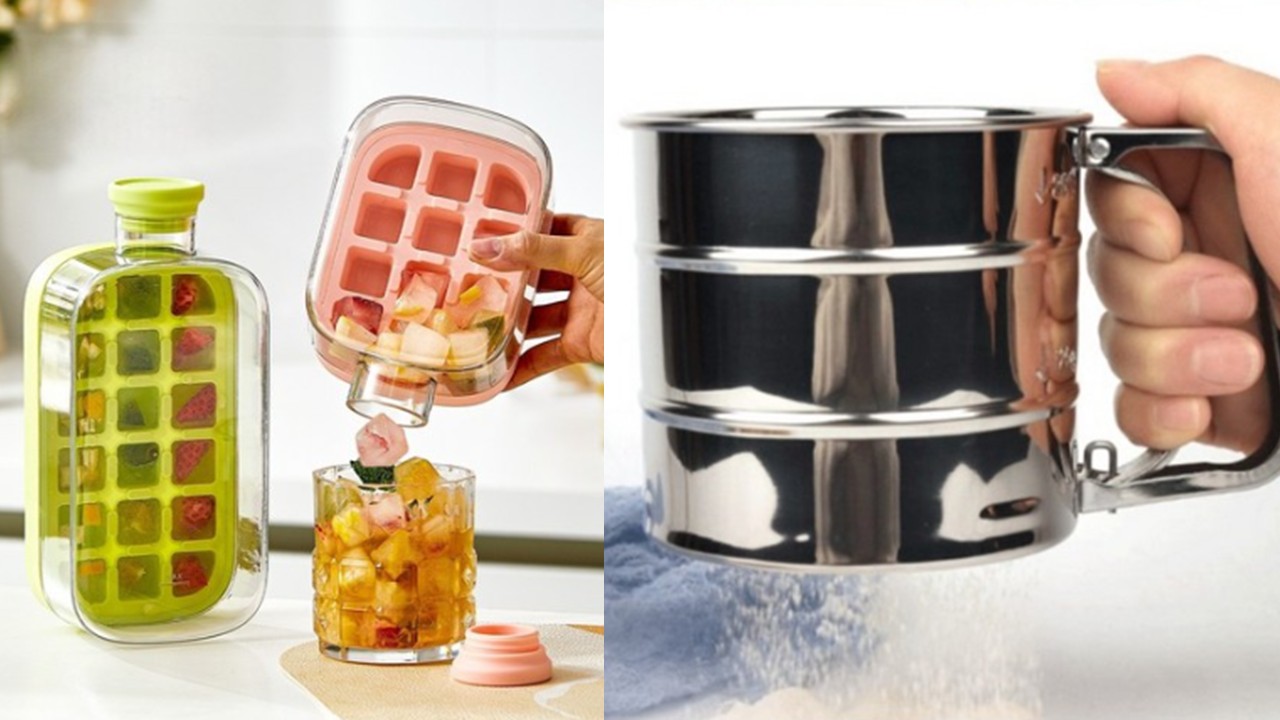 1391 스텐 채반 반자동 이중 밀가루 채 & 원터치 푸쉬 얼음 트레이 물병