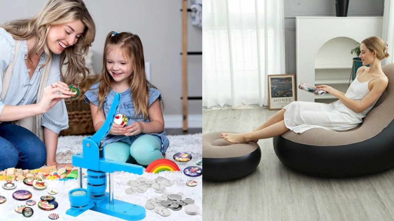 1430 버튼 프레스 뱃지 만들기 기계 & 1인용 에어 소파 + 스툴 세트