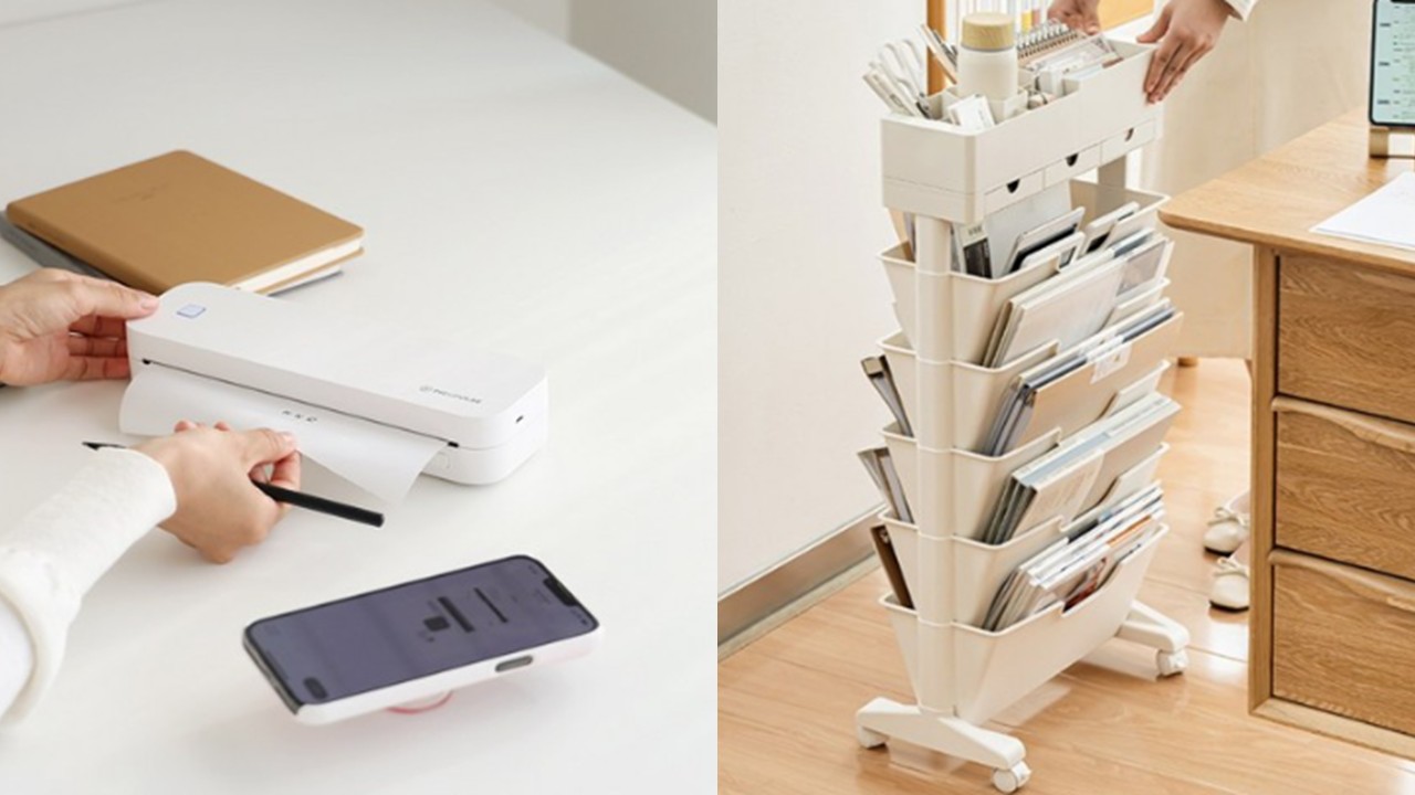 1443 휴대용 A4 프린터 무선 라벨프린터 & 이동식 5단 책 트롤리 북트레이 책꽂이 카트 정리함