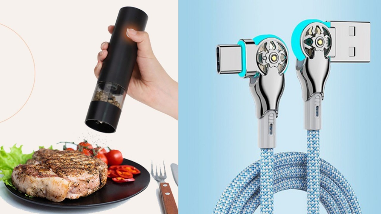 1439 충전식 자동 전동 소금 후추 그라인더 & 180도 회전 라이트 C타입 충전 케이블