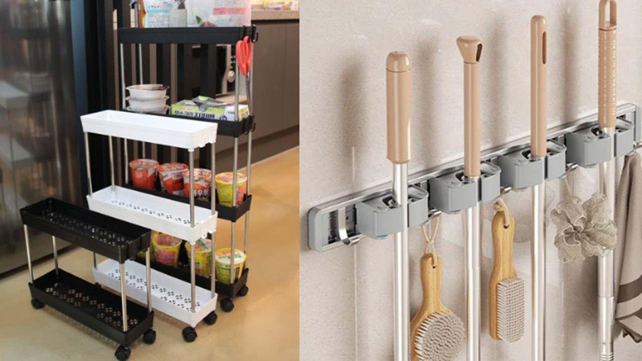 1462 이동식 틈새 수납 선반 & 멀티 청소 도구걸이 후크 밀대 거치대 4구