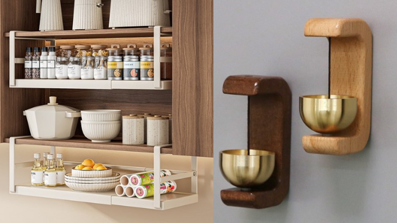 1490 길이조절 무타공 다용도 언더선반 & 액운방지 현관문 문종 자석 미니 도어벨