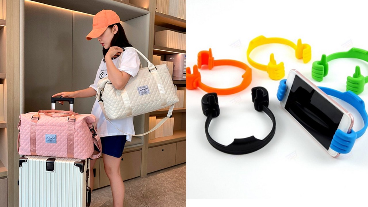 1484 여행보스톤백 퀼팅 캐리어결합 & 탁상용 손모양 스마트폰 거치대