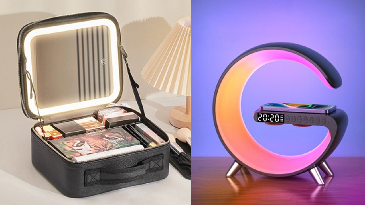 1494 LED 조명 거울 화장품 정리함 여행용 파우치 가방 & 고속무선충전 블루투스5.3 다기능 스피커 LED무드등 탁상시계