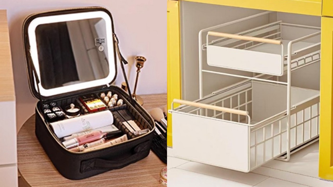 1502 거울과 조명이 있는 메이크업 가방 & 슬라이드 2단 주방 수납 선반