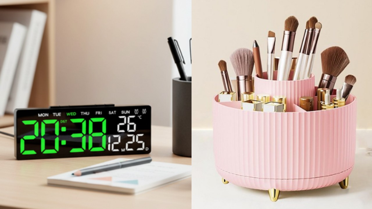 1507 알람시계 온도계 무소음 디지털 LED 탁상시계 & 알로에 반지 걸이 & 회전형 화장품 브러쉬 보관 정리함 & 투명 PVC 레터링 토트백 가방