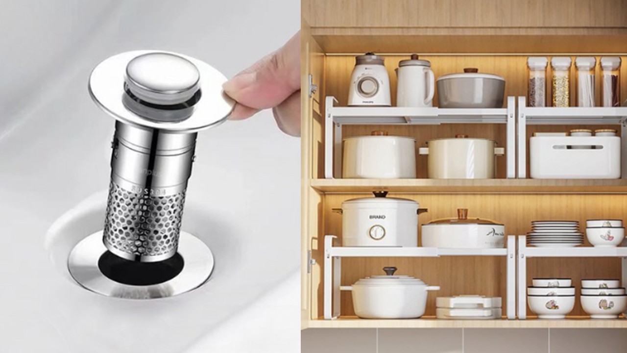 1514 세면대 배수구 마개 트랩 & 길이조절 싱크대 정리선반 그릇 접시 정리대