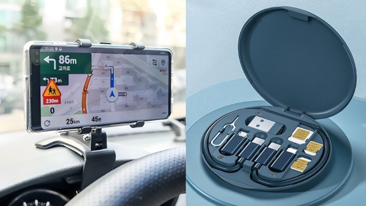 1499 차량용 계기판 대쉬보드 휴대폰거치대 & 휴대용 케이블 세트 유심 메모리 카드 수납 스마트폰 거치대