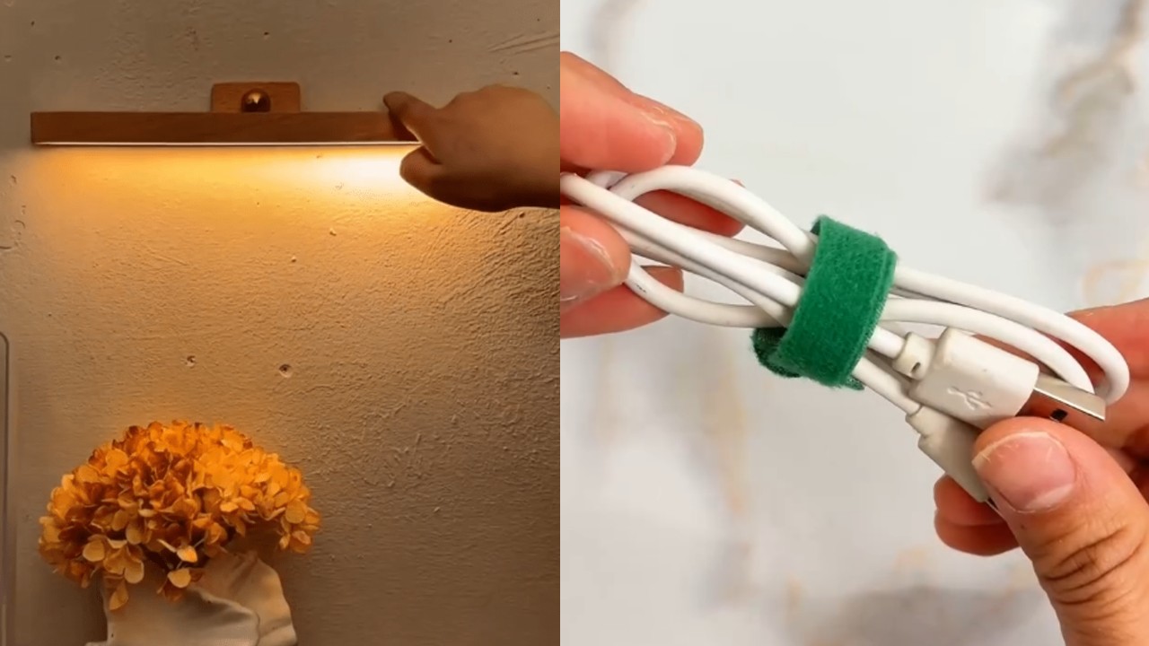 1550 원목 충전식 무선 터치 LED 현관 직부 벽등 & 벨크로 케이블 타이